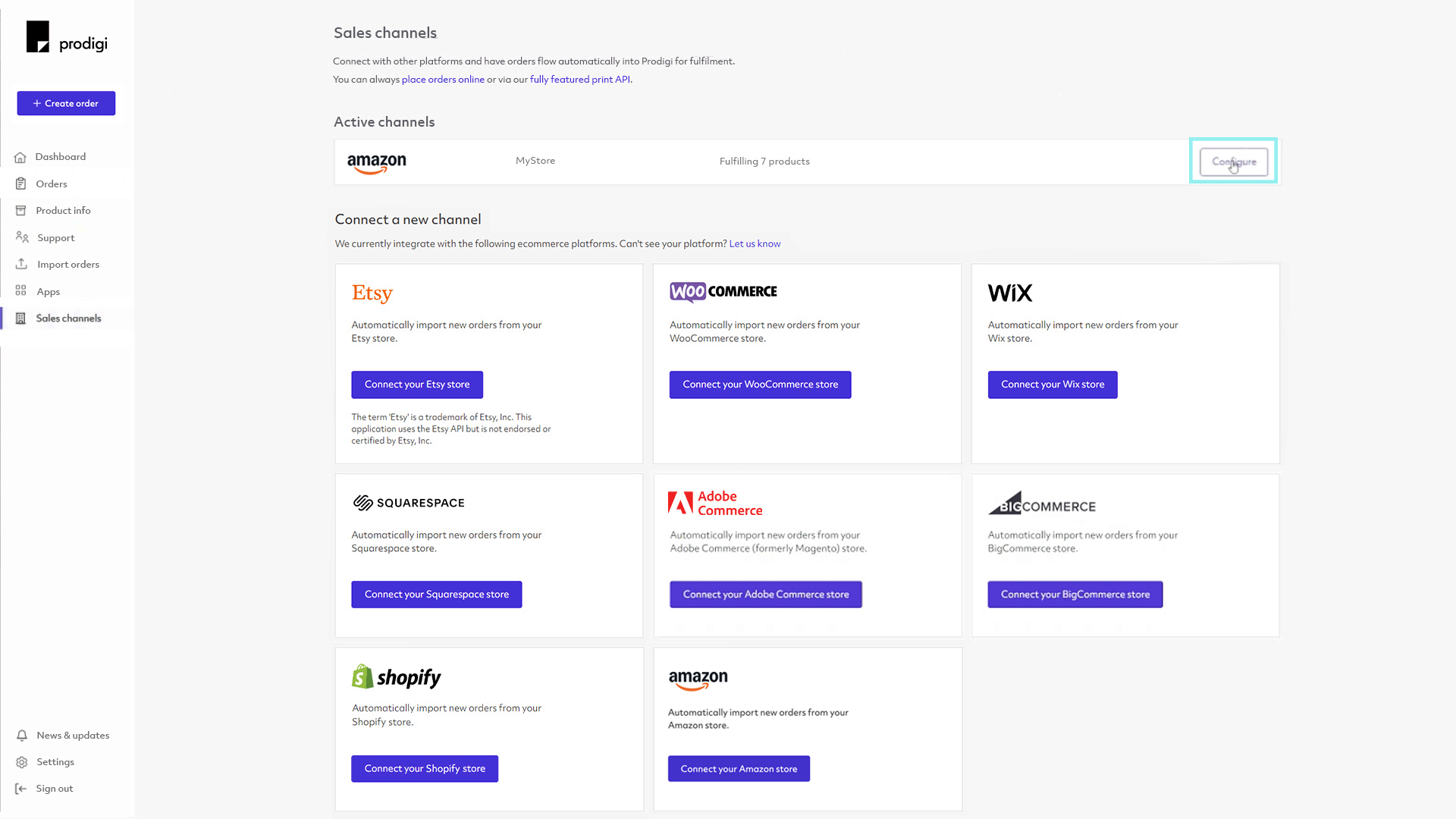 Prodigi sales channels with an active channel