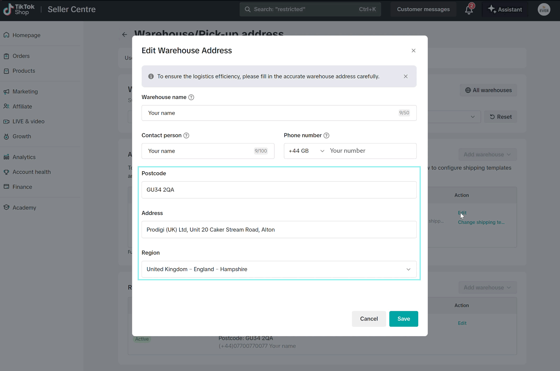 Prodigi sales channels with an active channel