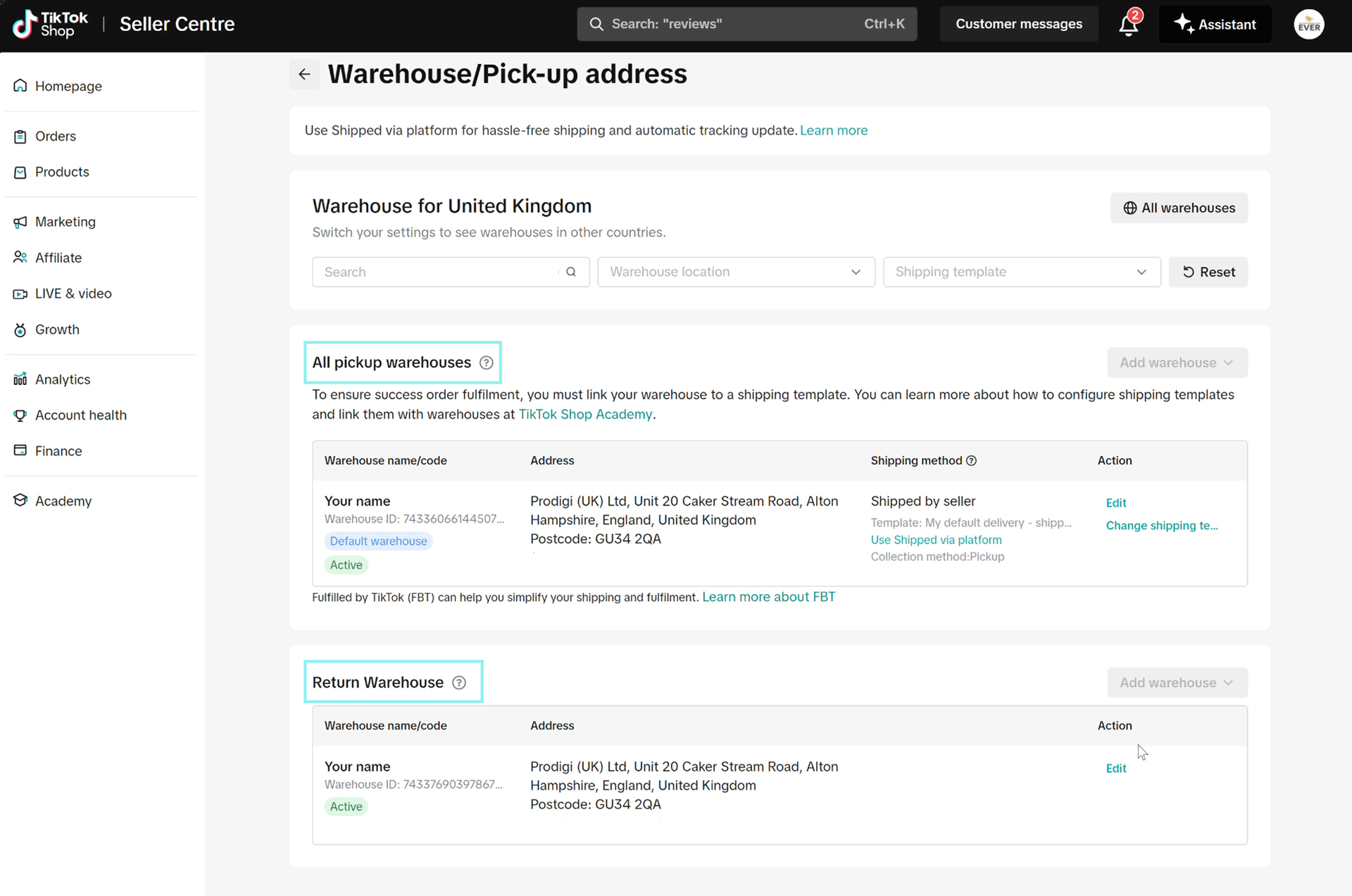 Prodigi sales channels with an active channel