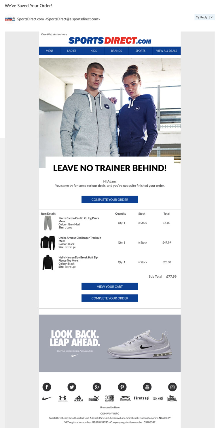 SportsDirect cart abandonment email