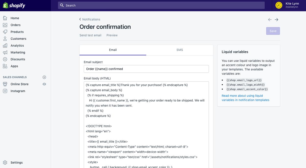 Shopify email editing